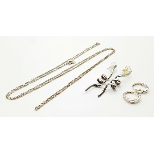 1366 - Two Pairs of 925 Silver Earrings and a Pandora 925 Silver Chain Necklace. Hoop earrings - 1.5cm diam... 