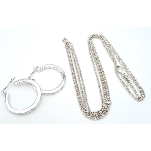 1366 - Two Pairs of 925 Silver Earrings and a Pandora 925 Silver Chain Necklace. Hoop earrings - 1.5cm diam... 