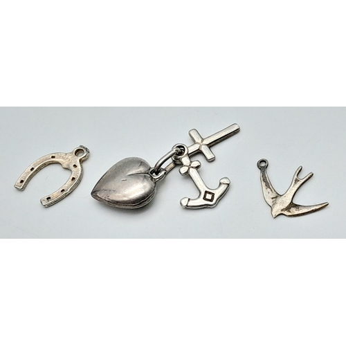 1374 - Three Silver Charms - lucky horseshoe, swallow, and faith, hope and love.