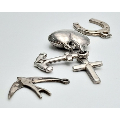 1374 - Three Silver Charms - lucky horseshoe, swallow, and faith, hope and love.