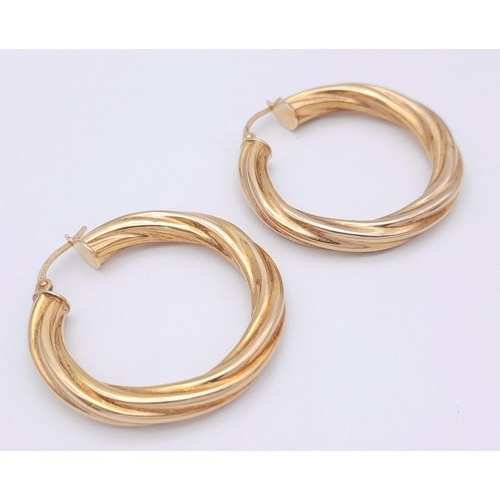 156 - A Pair of 9K Yellow Gold Creole Hoop Earrings. 3.5cm diameter. 3.2g