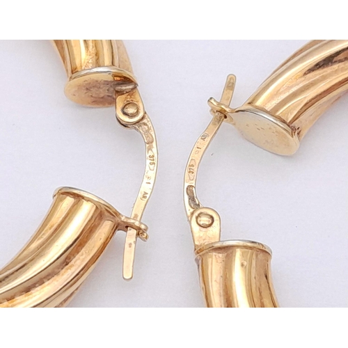 156 - A Pair of 9K Yellow Gold Creole Hoop Earrings. 3.5cm diameter. 3.2g