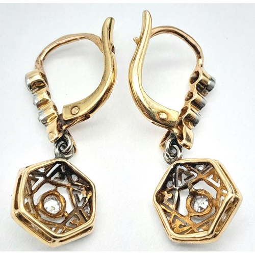 183 - A Vintage Pair of 18K Yellow Gold  and Diamond Star of David Drop Earrings. 0.5ctw. 4.22g total weig... 