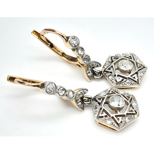 183 - A Vintage Pair of 18K Yellow Gold  and Diamond Star of David Drop Earrings. 0.5ctw. 4.22g total weig... 