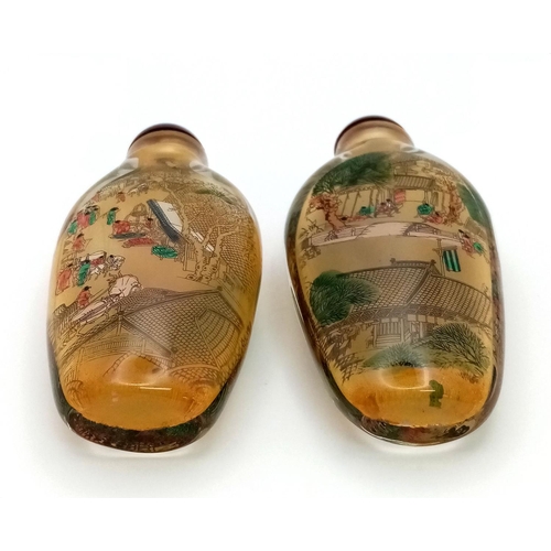 185 - Two Peking glass snuff bottles with fine drawings on the inside of the OLD BUND – SHANGHAI, depictin... 