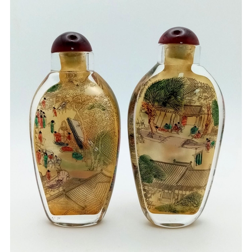 185 - Two Peking glass snuff bottles with fine drawings on the inside of the OLD BUND – SHANGHAI, depictin... 