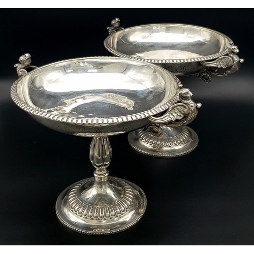 204 - A Sublime Antique French Pair of Sterling Silver Fruit Bowls with Figural Winged Lion Handles. Bulbo... 