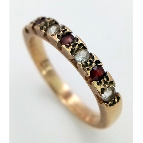 366 - A Vintage 9K Yellow Gold White Stone and Garnet Ring. Size M 1/2. 2.65g total weight.