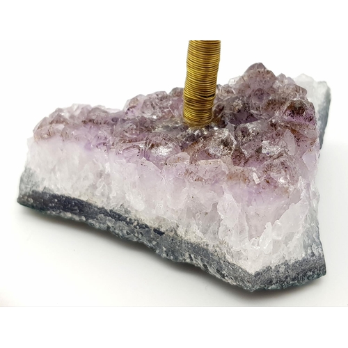 400 - A Beautiful Amethyst Tree. An amethyst cluster base with a yellow metal tree decorated with polished... 