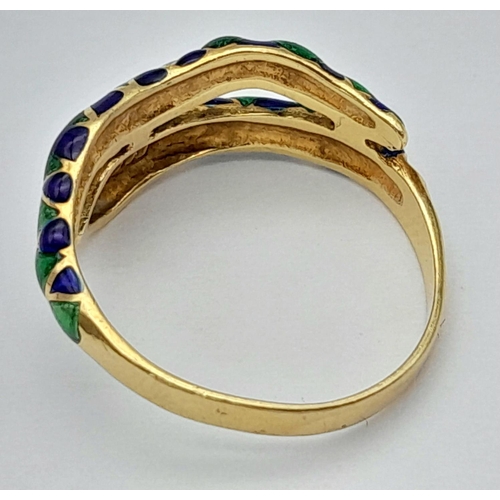 65 - An 18k Yellow Gold and Decorative Enamel Serpent Ring. Size L. 3.5g total weight.