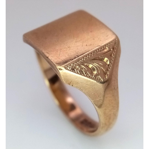 72 - A Vintage 9K Yellow Gold Signet Ring. Size Q. 5.1g.