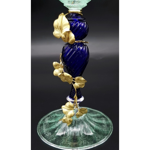85 - A Beautiful Vintage Murano Glass Blue Stemmed Chalice. A decorative bulbous blue stem entwined with ... 