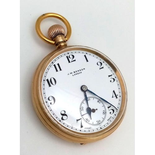 16 - An Antique 9K Gold JW Benson Pocket Watch. Top winder. White dial with sub dial. In working order bu... 