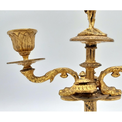 311 - An Heavy Gilt on Marble Base, Ormolu Candelabrum with Stork Detail. Weight 2.27 kilos. 29cm Height.