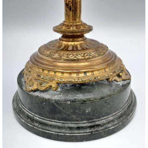 311 - An Heavy Gilt on Marble Base, Ormolu Candelabrum with Stork Detail. Weight 2.27 kilos. 29cm Height.