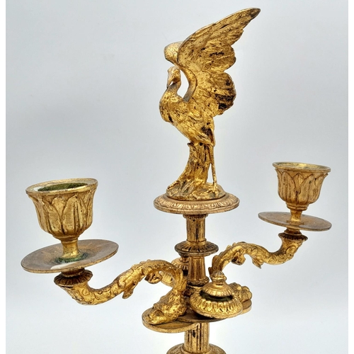 311 - An Heavy Gilt on Marble Base, Ormolu Candelabrum with Stork Detail. Weight 2.27 kilos. 29cm Height.