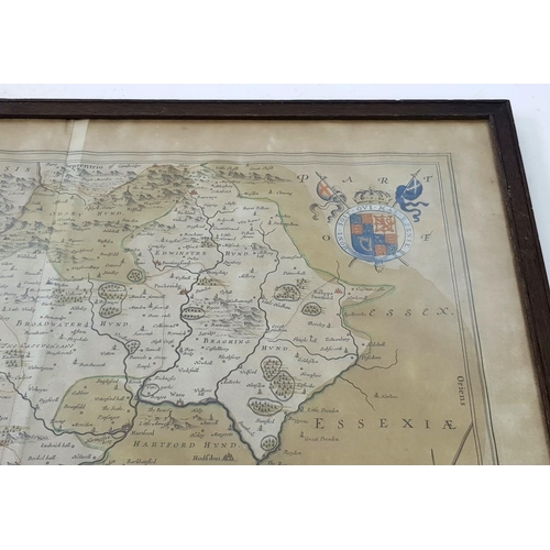 44 - A Mid 17th Century Hand-Coloured Map of Hertfordshire - Joan Blaeu. Gilded accents. In frame - 58cm ... 