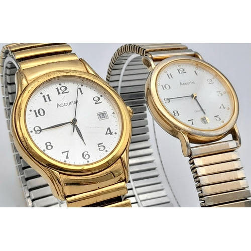 500 - Two Vintage Men’s Accurist, Flex Bracelet, Gold Tone Date Watches. 35 & 32mm Cases. New Batteries Fi... 