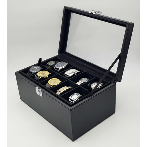 521 - A Black Leather 20 Watch Display Box Containing Ten Vintage and Later Sports Fashion Quartz Watches.... 