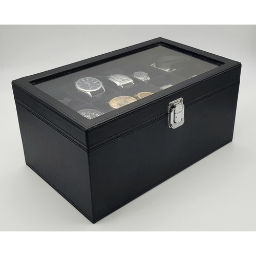 521 - A Black Leather 20 Watch Display Box Containing Ten Vintage and Later Sports Fashion Quartz Watches.... 