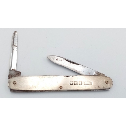 613 - Sheffield Hallmarked 1916/17 Silver, Double Bladed, Penknife. 9cm Length. Gross Weight 20.8 Grams