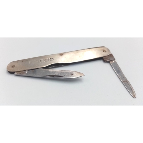 613 - Sheffield Hallmarked 1916/17 Silver, Double Bladed, Penknife. 9cm Length. Gross Weight 20.8 Grams