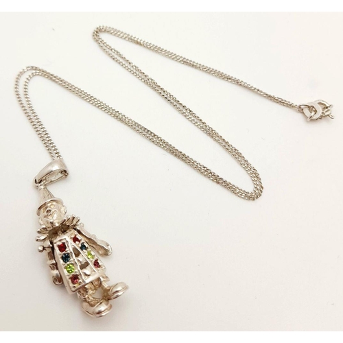 1654 - A 925 Articulated Clown Pendant on a Silver Chain. 3.5cm and 42cm.