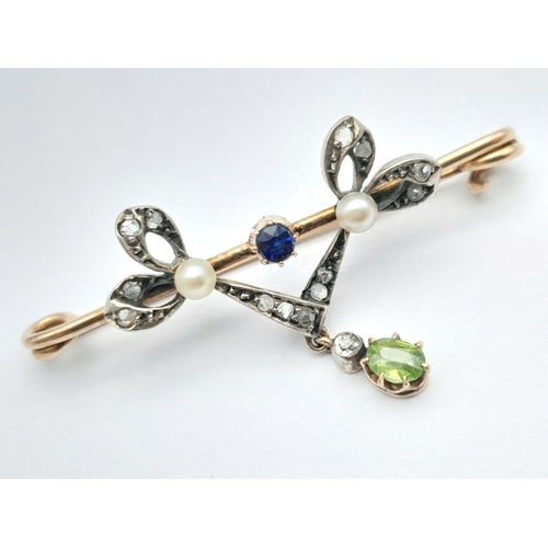 1655 - An Antique 18K (tested) Rose Gold, Sapphire, Diamond, Pearl and Peridot Bar Brooch. 3.75g total weig... 