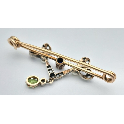 1655 - An Antique 18K (tested) Rose Gold, Sapphire, Diamond, Pearl and Peridot Bar Brooch. 3.75g total weig... 