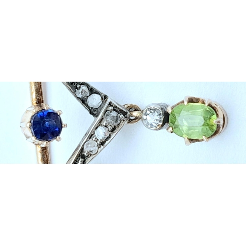 1655 - An Antique 18K (tested) Rose Gold, Sapphire, Diamond, Pearl and Peridot Bar Brooch. 3.75g total weig... 