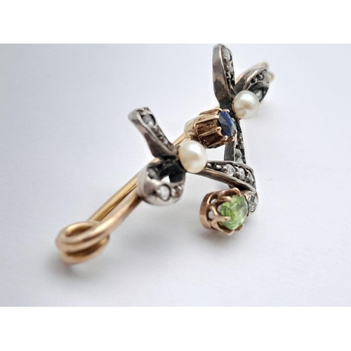 1655 - An Antique 18K (tested) Rose Gold, Sapphire, Diamond, Pearl and Peridot Bar Brooch. 3.75g total weig... 