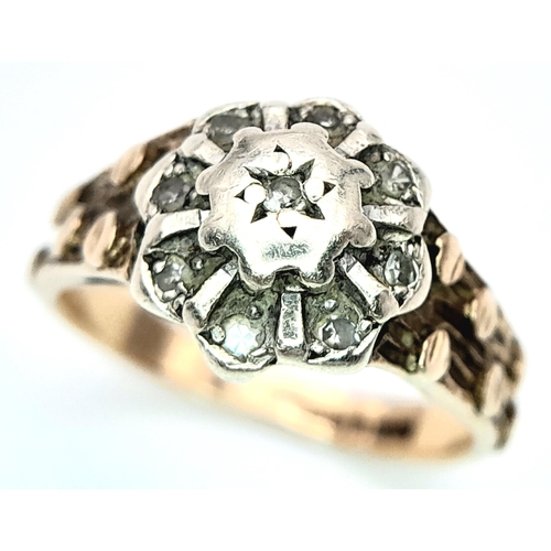 1221 - A Vintage 9K Gold and Old Cut Diamond Ring. Size I. 2.7g total weight.