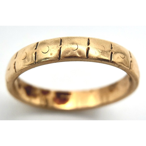 1362 - A Vintage 9K Yellow Gold Band Ring. Size S 1/2. 4mm width. 3.7g weight.