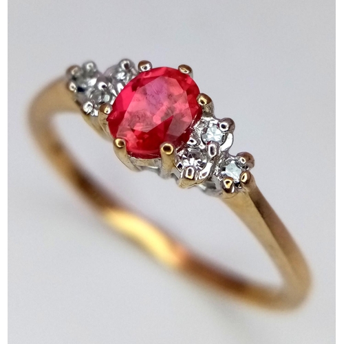 437 - 9K Yellow gold Diamond and Red Stone Ring, 0.06ct diamond, 2.1g total weight, size R 1/2

ref:  8418... 