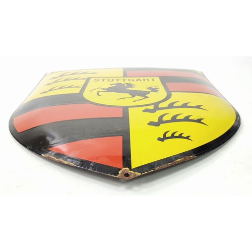 202 - A Vintage Porsche Enamel on Metal Sign. Red, black and yellow, rich enamel with the crest logo payin... 