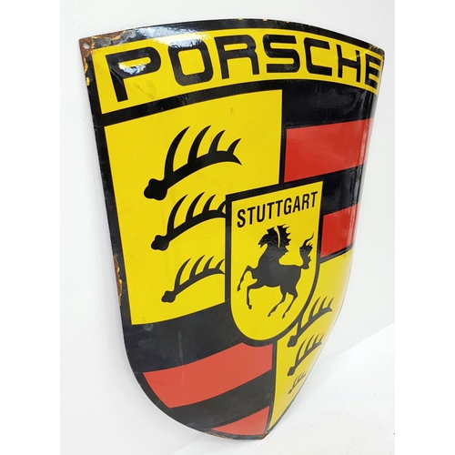 202 - A Vintage Porsche Enamel on Metal Sign. Red, black and yellow, rich enamel with the crest logo payin... 