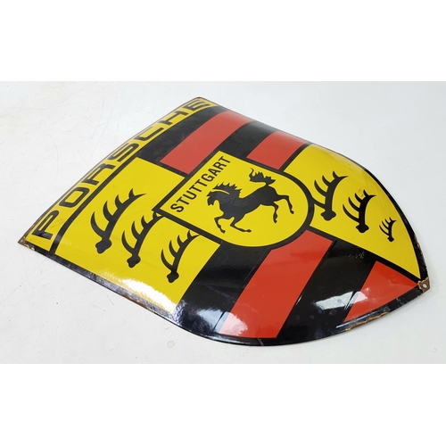 202 - A Vintage Porsche Enamel on Metal Sign. Red, black and yellow, rich enamel with the crest logo payin... 