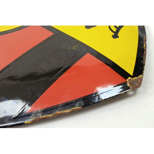 202 - A Vintage Porsche Enamel on Metal Sign. Red, black and yellow, rich enamel with the crest logo payin... 