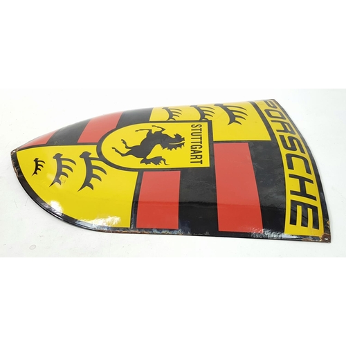 202 - A Vintage Porsche Enamel on Metal Sign. Red, black and yellow, rich enamel with the crest logo payin... 