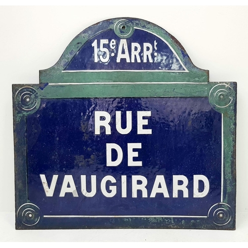 244 - A Vintage Green and Blue Enamel Parisian Street Sign - 15, Rue de Vaugirard, the longest street insi... 