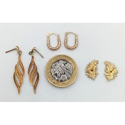 443 - Three Different Style Pairs of 9K Gold Earrings. No backs. 2.4g total weight.