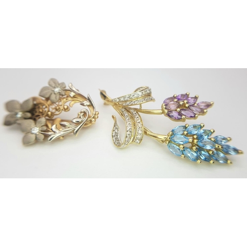 130 - Two 14K Gold Vintage Gemstone Set Brooches. A diamond floral brooch - 3x 2cm and a diamond, amethyst... 