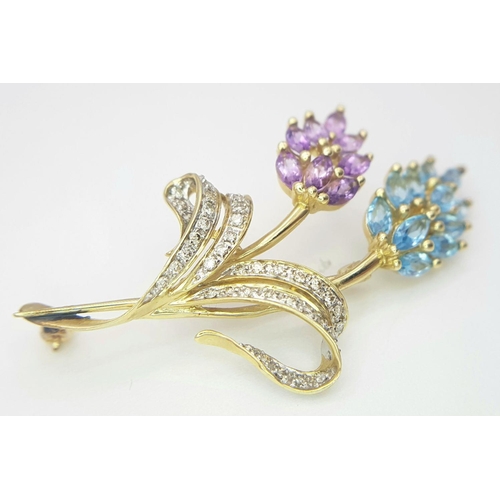 130 - Two 14K Gold Vintage Gemstone Set Brooches. A diamond floral brooch - 3x 2cm and a diamond, amethyst... 