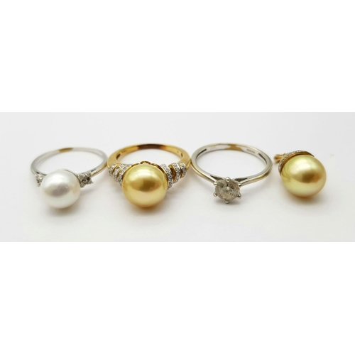 214 - A Collection of Four 9K Gold Pieces of Jewellery: A 9K yellow gold, cultured golden pearl and diamon... 