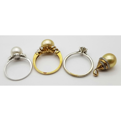 214 - A Collection of Four 9K Gold Pieces of Jewellery: A 9K yellow gold, cultured golden pearl and diamon... 