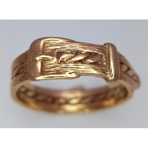 284 - A 9K GOLD RING IN THE SHAPE OF A BELT WITH BUCKLE .   3.4gms   size Q