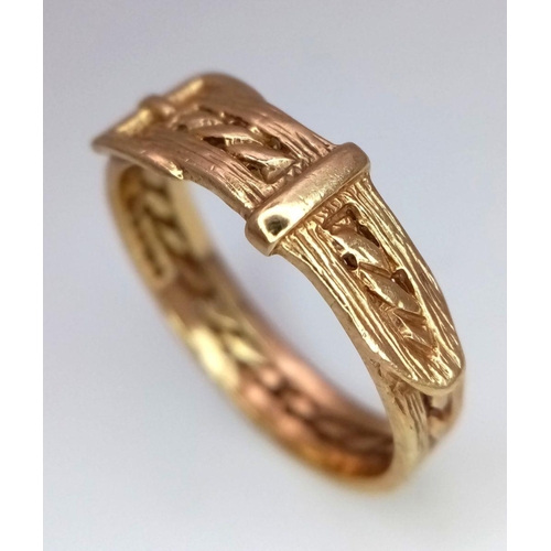 284 - A 9K GOLD RING IN THE SHAPE OF A BELT WITH BUCKLE .   3.4gms   size Q