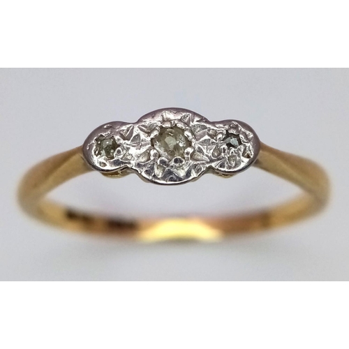 390 - 18K YELLOW GOLD & PLATINUM VINTAGE 3 STONE DIAMOND RING 1.9G SIZE O

ref: SC 3031