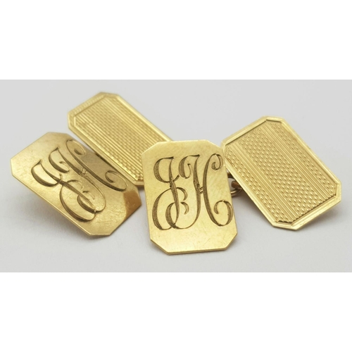 417 - A PAIR OF CHAIN LINKED 9K GOLD CUFFLINKS WITH THE INITALS JH ON ONE SIDE AND A DELIGHTFUL PATTERN ON... 