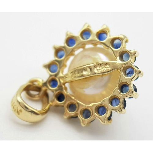 147 - Classic 14 carat GOLD PENDANT, set with PEARL and SAPPHIRES. 1.8 cm drop.